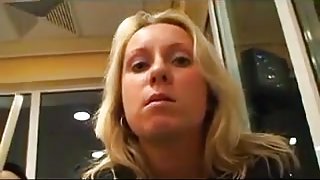 Slutty girl with golden hair gets dick in public toilet