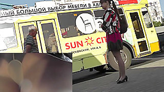 Upskirt in public with sexy woman in pantyhose