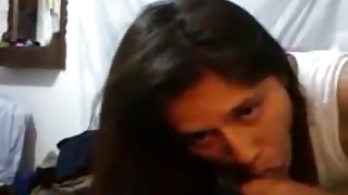 Pretty latin brunette female make a hell of a blowjob after a party to a dude